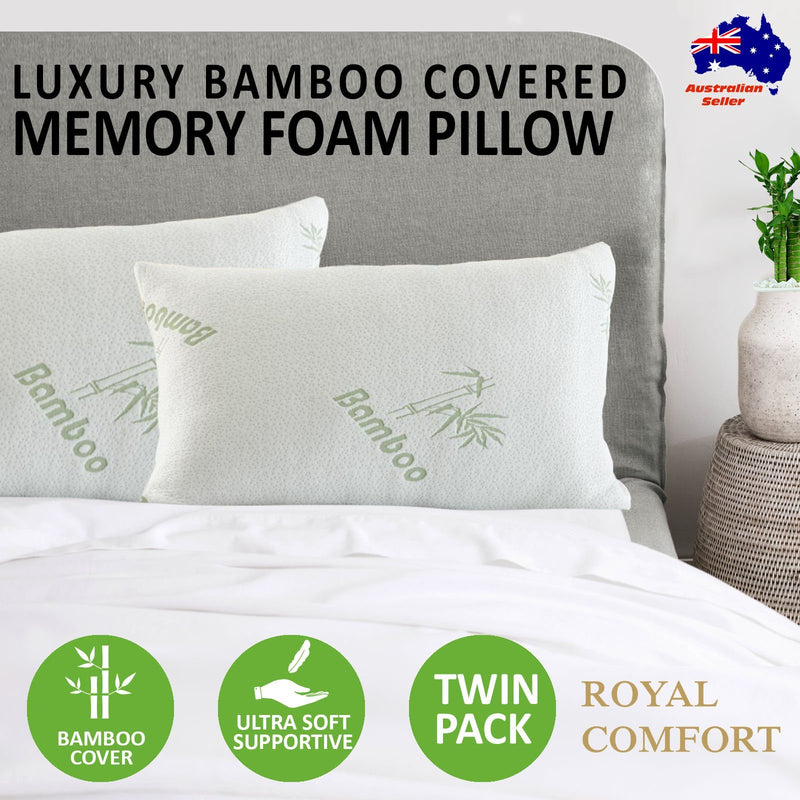Royal Comfort Luxury Bamboo Covered Memory Foam Pillow Twin Pack Hypoallergenic 56 x 36 x 10 cm White, Green - Bedzy Australia