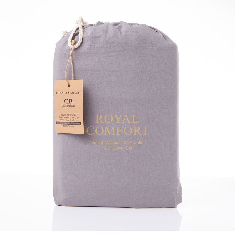 Royal Comfort Vintage Washed 100% Cotton Quilt Cover Set Bedding Ultra Soft Single Grey - Bedzy Australia