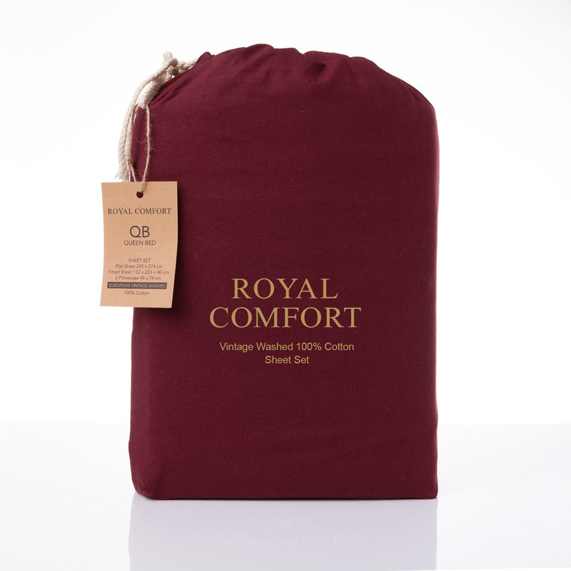 Royal Comfort Vintage Washed 100% Cotton Sheet Set Fitted Flat Sheet Pillowcases Double Mulled Wine - Bedzy Australia
