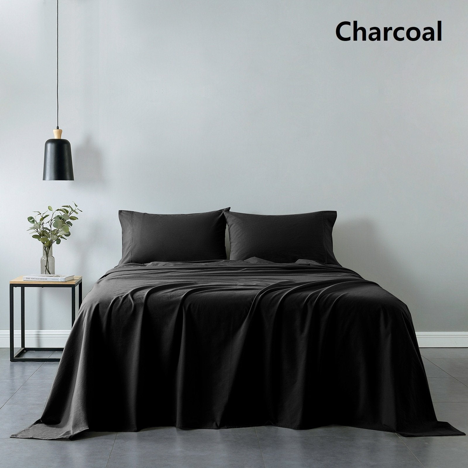 Royal Comfort Vintage Washed 100% Cotton Sheet Set Fitted Flat Sheet Pillowcases King Charcoal - Bedzy Australia