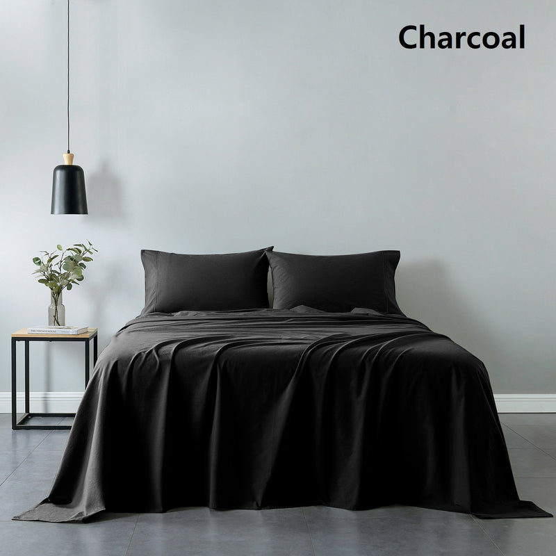 Royal Comfort Vintage Washed 100% Cotton Sheet Set Fitted Flat Sheet Pillowcases King Charcoal - Bedzy Australia - Home & Garden > Bedding