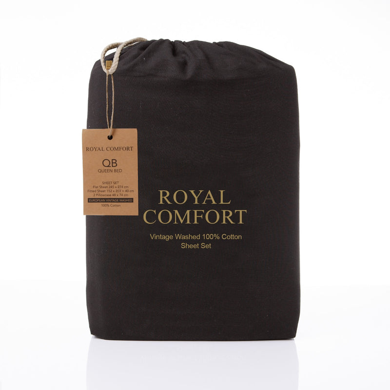 Royal Comfort Vintage Washed 100% Cotton Sheet Set Fitted Flat Sheet Pillowcases King Charcoal - Bedzy Australia - Home & Garden > Bedding