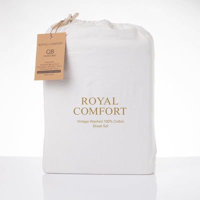 Royal Comfort Vintage Washed 100% Cotton Sheet Set Fitted Flat Sheet Pillowcases King White - Bedzy Australia