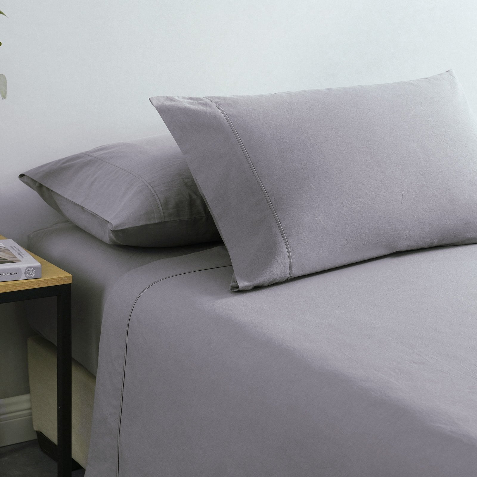 Royal Comfort Vintage Washed 100% Cotton Sheet Set Fitted Flat Sheet Pillowcases Queen Grey - Bedzy Australia