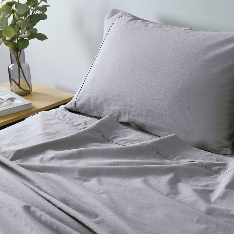 Royal Comfort Vintage Washed 100% Cotton Sheet Set Fitted Flat Sheet Pillowcases Queen Grey - Bedzy Australia