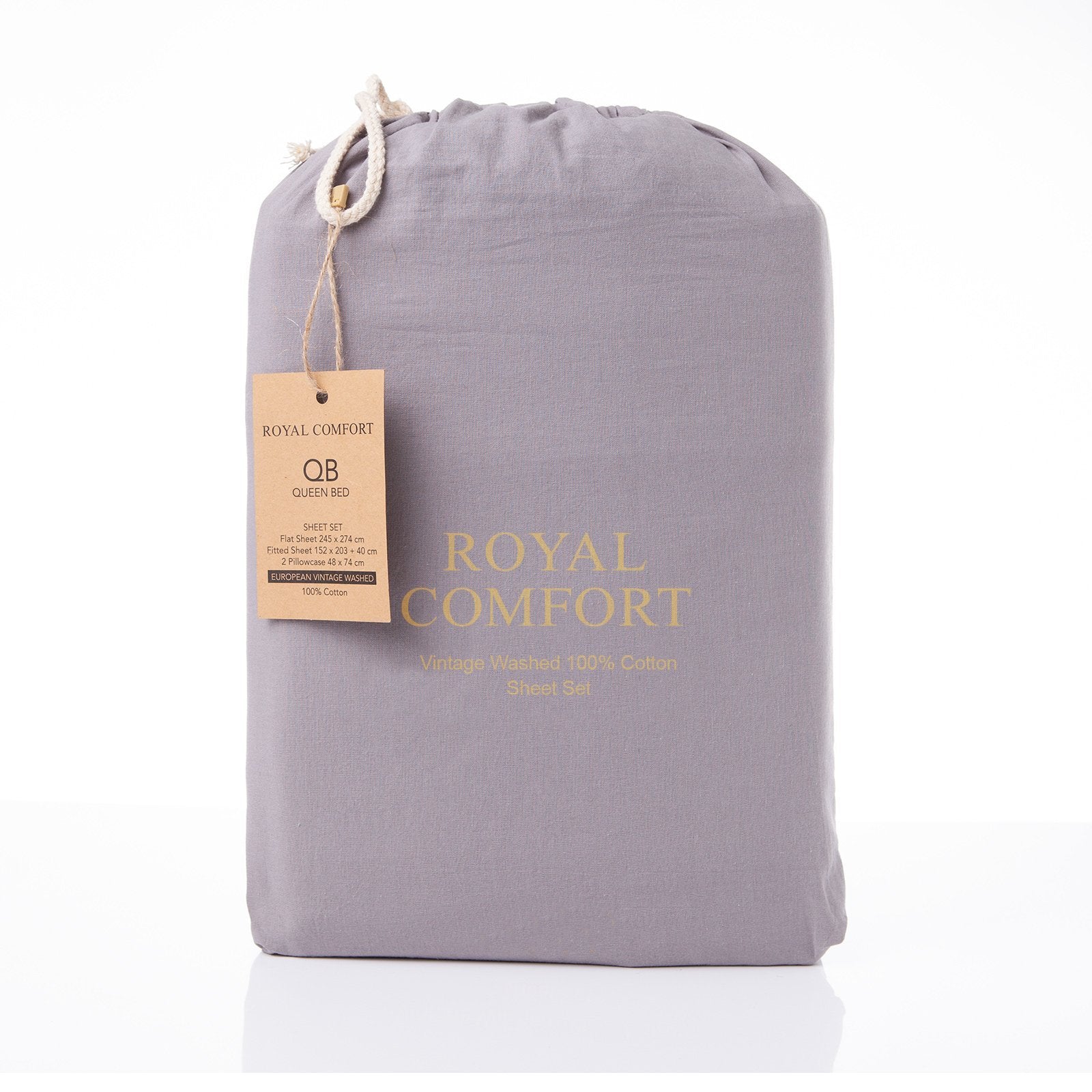 Royal Comfort Vintage Washed 100% Cotton Sheet Set Fitted Flat Sheet Pillowcases Queen Grey - Bedzy Australia
