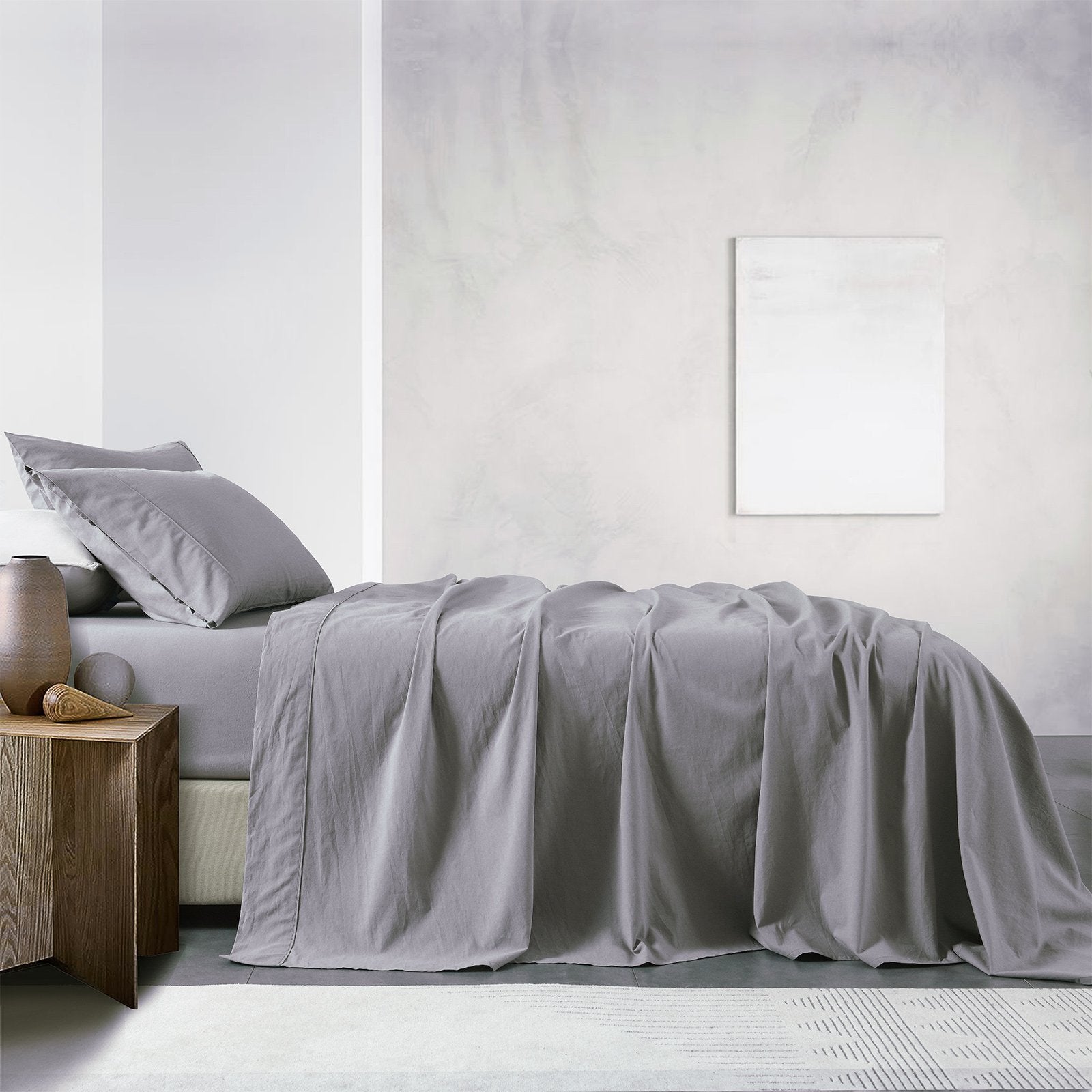 Royal Comfort Vintage Washed 100% Cotton Sheet Set Fitted Flat Sheet Pillowcases Queen Grey - Bedzy Australia