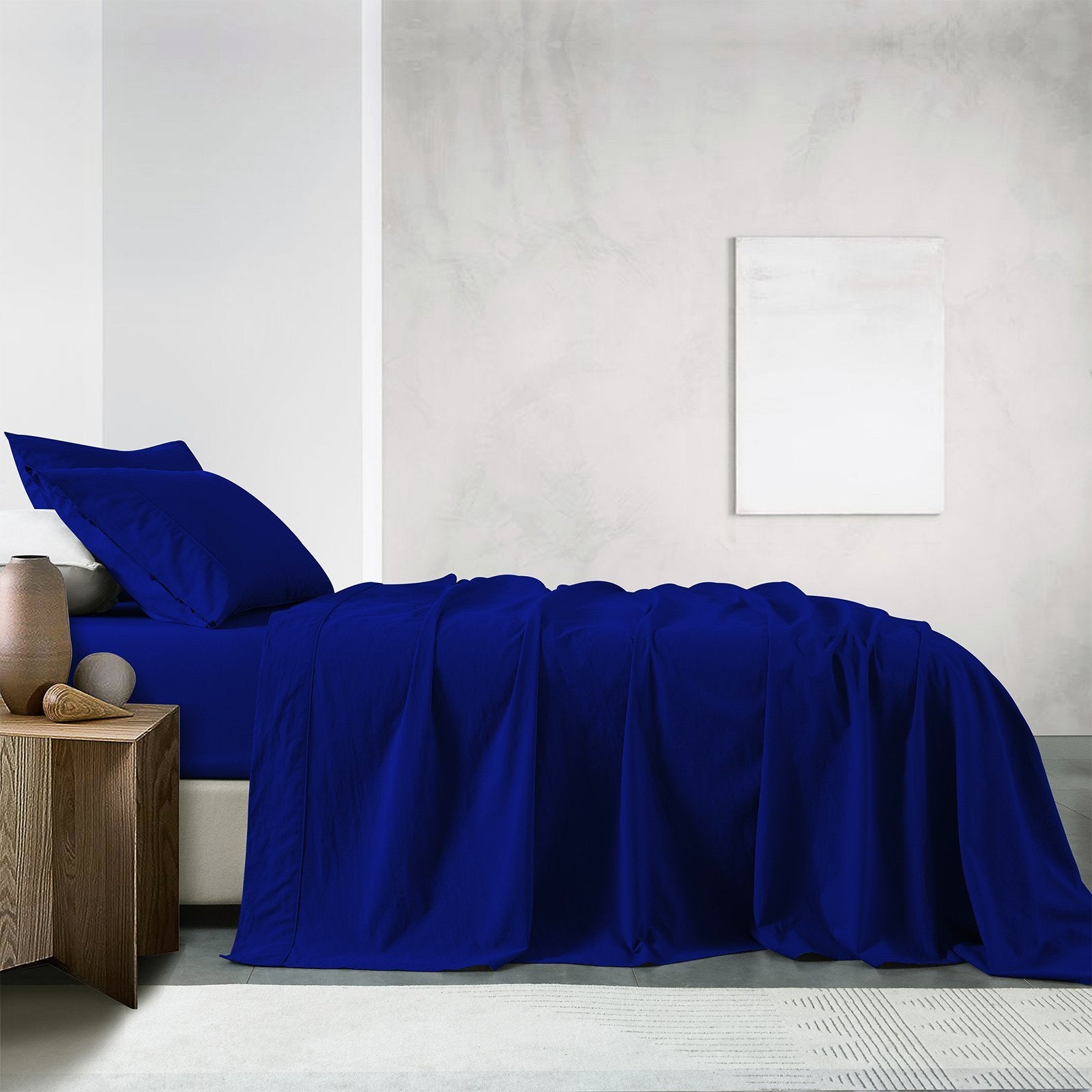 Royal Comfort Vintage Washed 100% Cotton Sheet Set Fitted Flat Sheet Pillowcases Queen Royal Blue - Bedzy Australia