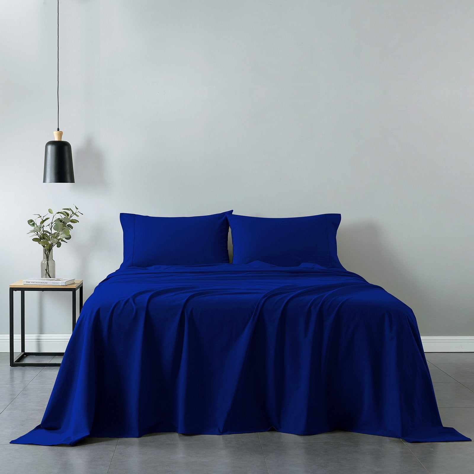 Royal Comfort Vintage Washed 100% Cotton Sheet Set Fitted Flat Sheet Pillowcases Queen Royal Blue - Bedzy Australia