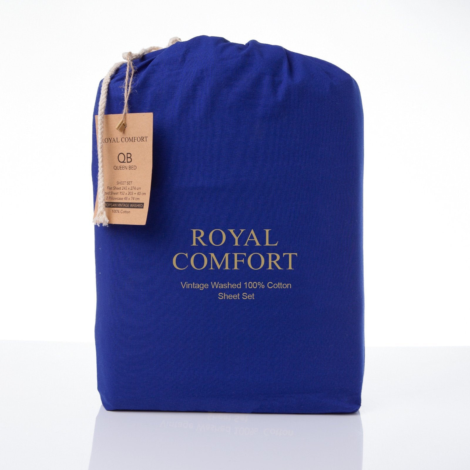 Royal Comfort Vintage Washed 100% Cotton Sheet Set Fitted Flat Sheet Pillowcases Queen Royal Blue - Bedzy Australia
