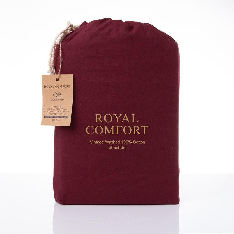 Royal Comfort Vintage Washed 100% Cotton Sheet Set Fitted Flat Sheet Pillowcases Single Mulled Wine - Bedzy Australia