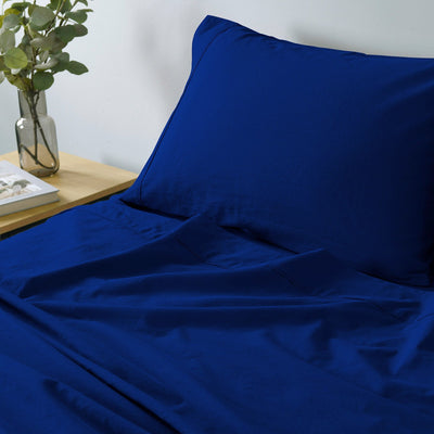 Royal Comfort Vintage Washed 100% Cotton Sheet Set Fitted Flat Sheet Pillowcases Single Royal Blue - Bedzy Australia