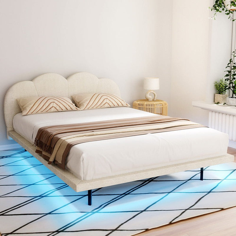 Sasa Queen LED Bed Frame Boucle Beige - Furniture > Bedroom - Bedzy Australia