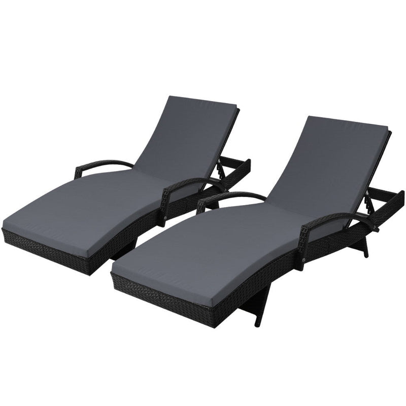 Set of 2 Bianca Outdoor Sun Lounger Chairs with Cushion - Black - Bedzy Australia (ABN 18 642 972 209) - Furniture > Outdoor
