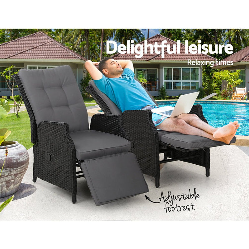 Set of 2 Elara Outdoor Recliner Patio Chairs Black - Furniture > Outdoor - Bedzy Australia