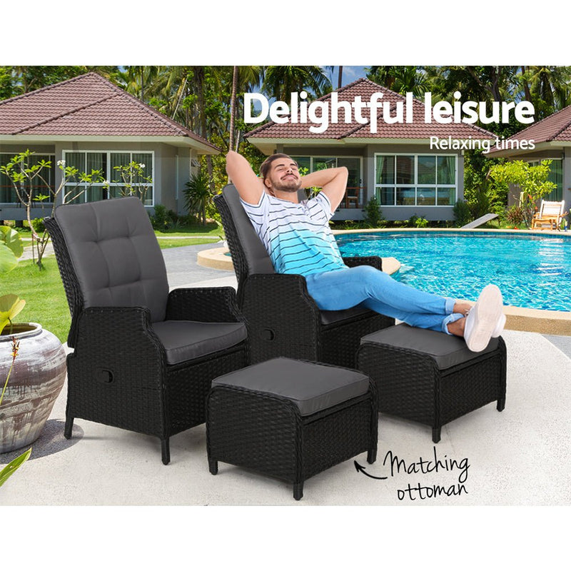 Set of 2 Ella Outdoor Recliner Patio Chairs Black - Furniture > Outdoor - Bedzy Australia