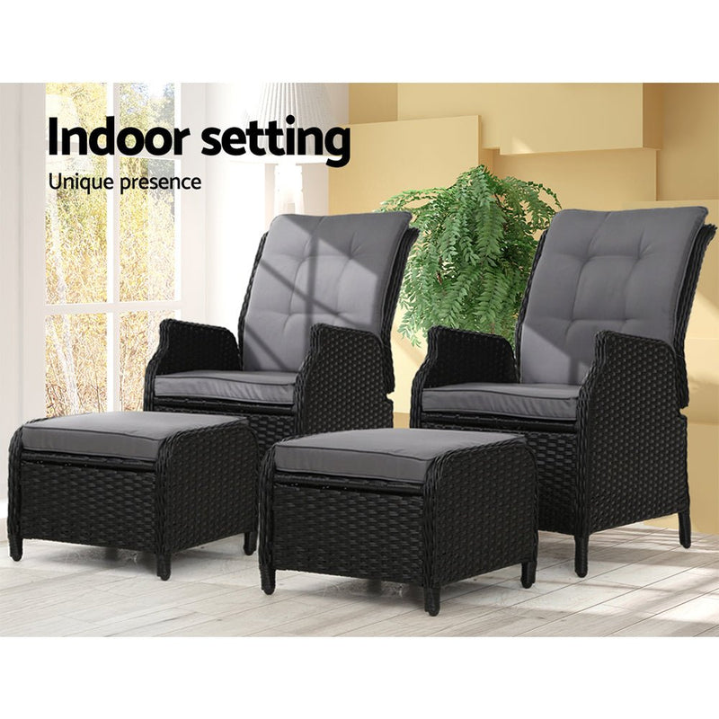 Set of 2 Ella Outdoor Recliner Patio Chairs Black - Furniture > Outdoor - Bedzy Australia