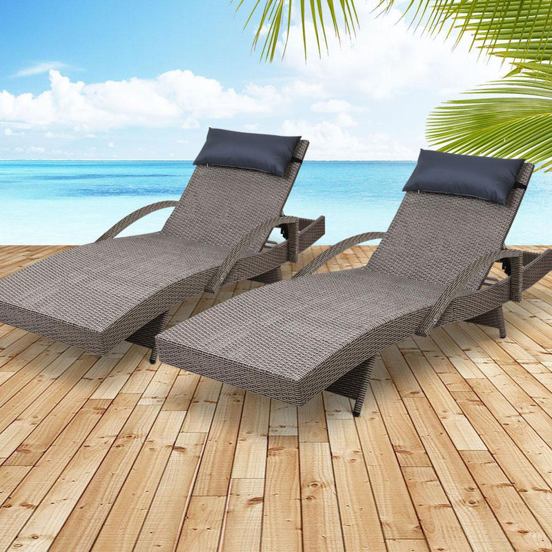 Set of 2 Bianca Outdoor Sun Lounger Chairs with Pillow Headrests - Grey - Bedzy Australia (ABN 18 642 972 209) - Cheap affordable bedroom furniture shop near me Australia