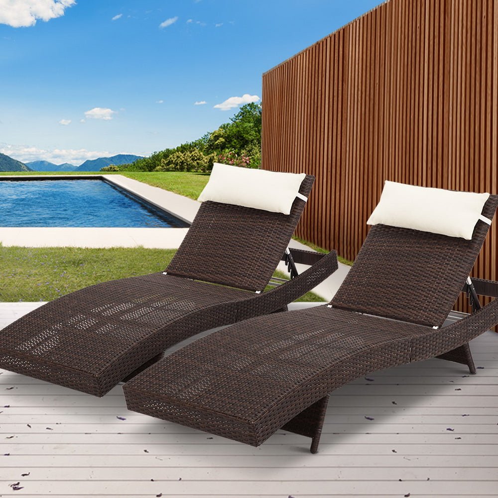 Set of 2 Wicker Outdoor Sun Loungers Brown - Furniture > Outdoor - Bedzy Australia