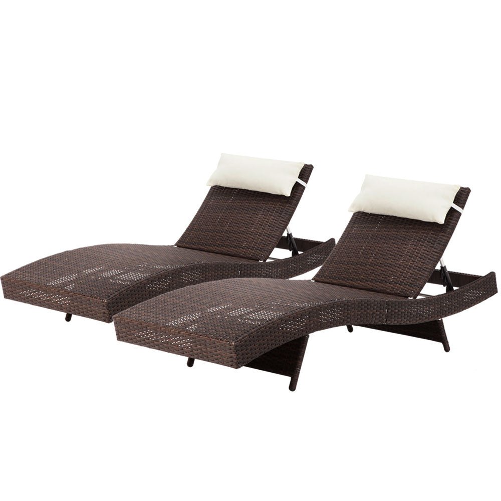 Set of 2 Wicker Outdoor Sun Loungers Brown - Furniture > Outdoor - Bedzy Australia