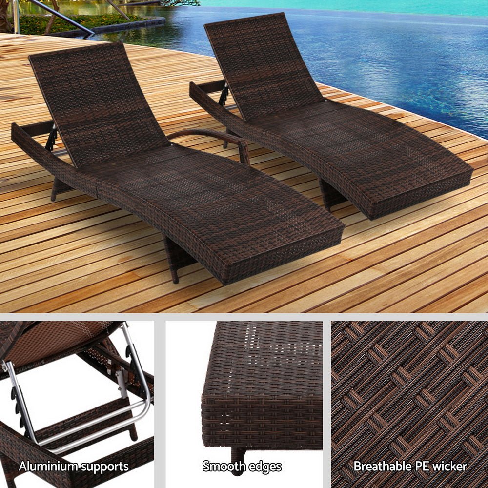 Set of 2 Wicker Outdoor Sun Loungers Brown - Furniture > Outdoor - Bedzy Australia