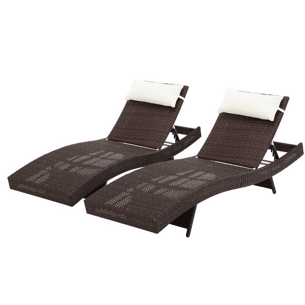 Set of 2 Wicker Outdoor Sun Loungers Brown - Furniture > Outdoor - Bedzy Australia