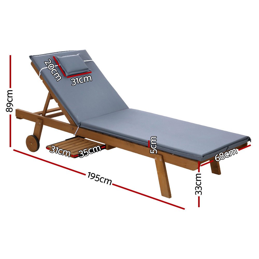 Set of 2 Wooden Sun Loungers Wheel Patio Grey - Furniture > Outdoor - Bedzy Australia