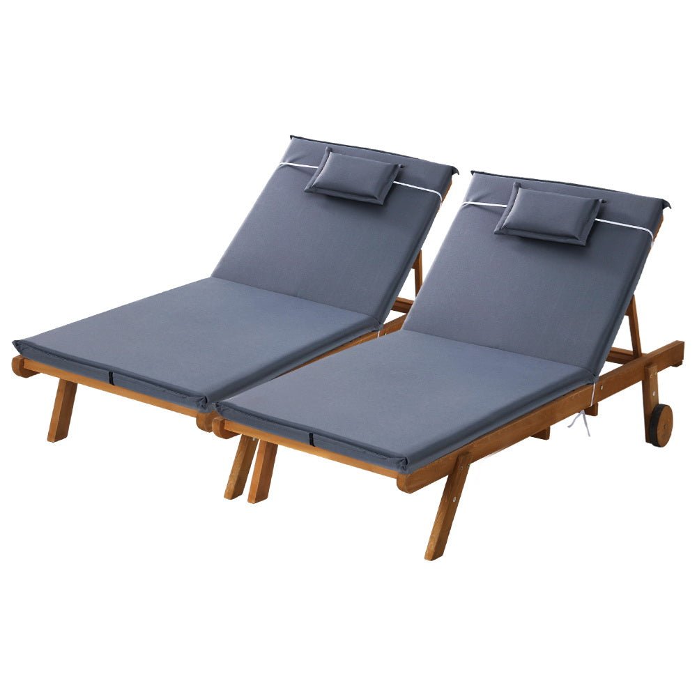 Set of 2 Wooden Sun Loungers Wheel Patio Grey - Furniture > Outdoor - Bedzy Australia