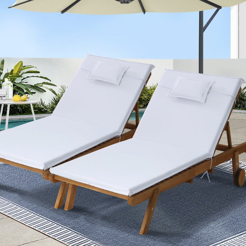 Set of 2 Wooden Sun Loungers Wheel Patio White - Furniture > Outdoor - Bedzy Australia