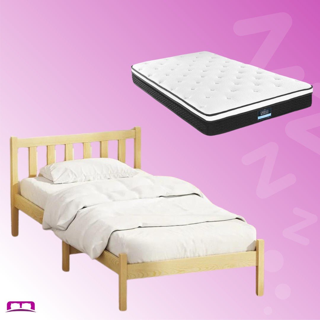 Single Package | Bribie Wooden Single Bed Frame & Bonita Pillow Top Mattress (Medium Firm) - Bedzy Australia