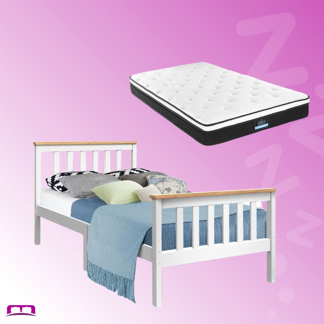 Single Package | Kewarra Wooden Bed Frame White & Bonita Pillow Top Mattress (Medium Firm) - Bedzy Australia