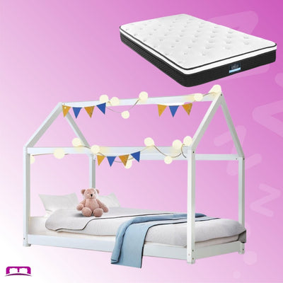Single Package | Kids Casa Wooden Bed Frame White & Bonita Pillow Top Mattress (Medium Firm) - Bedzy Australia