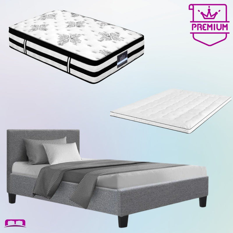 Single Premium Package | Coogee Bed Frame Grey, Algarve Euro Top Pocket Spring Mattress (Medium Firm) & Pillowtop Mattress Topper - Bedzy Australia