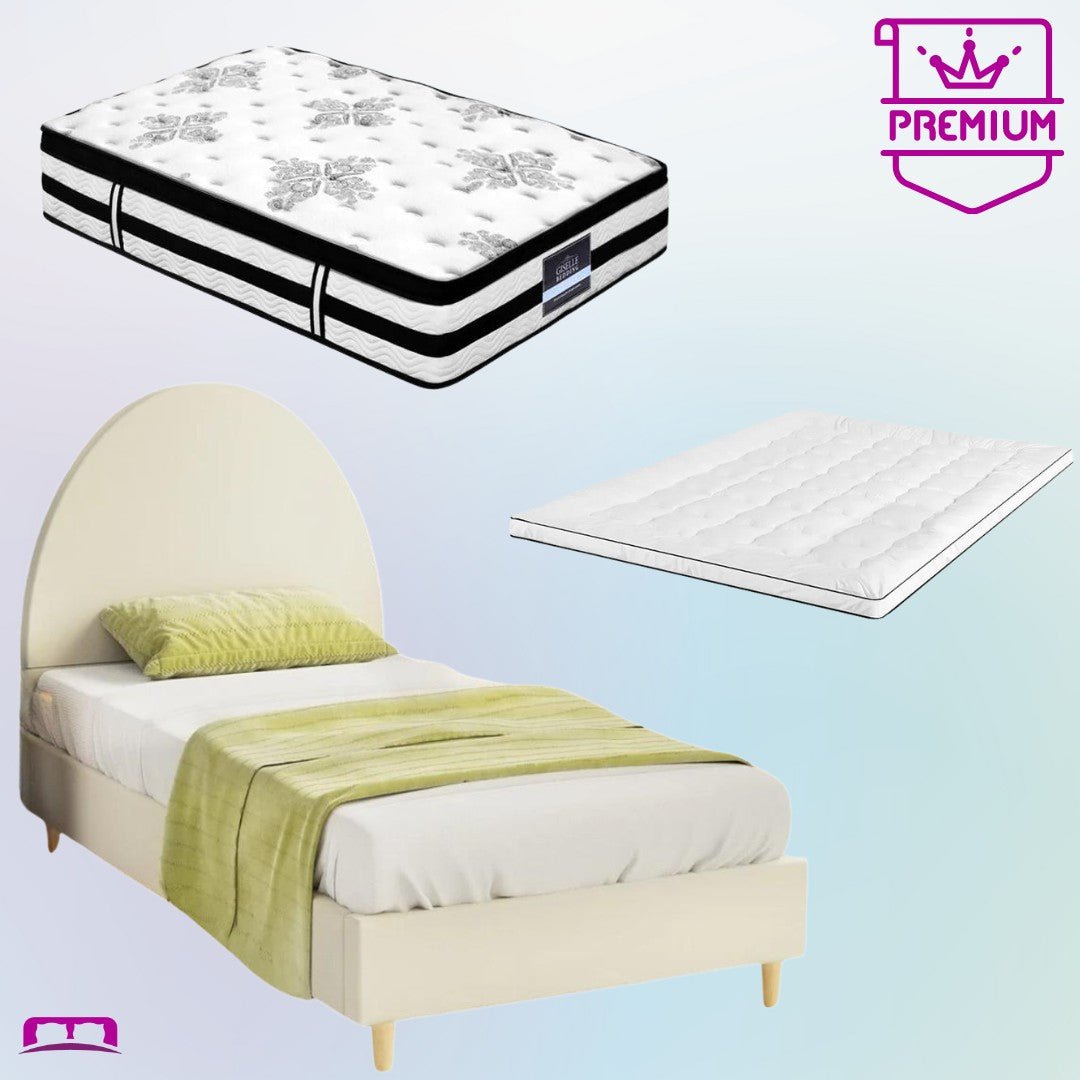 Single Premium Package | Ella Arched Bed Frame Cream Velvet, Algarve Euro Top Pocket Spring Mattress (Medium Firm) & Pillowtop Mattress Topper - Bedzy Australia