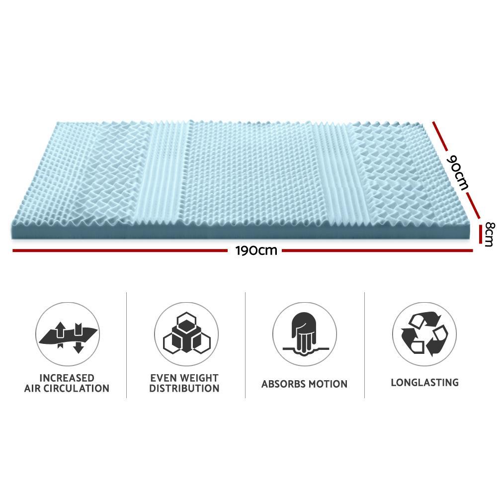 Single Size | Cool Gel 7-zone Memory Foam Mattress Topper w/Bamboo Cover 8cm - Bedzy Australia
