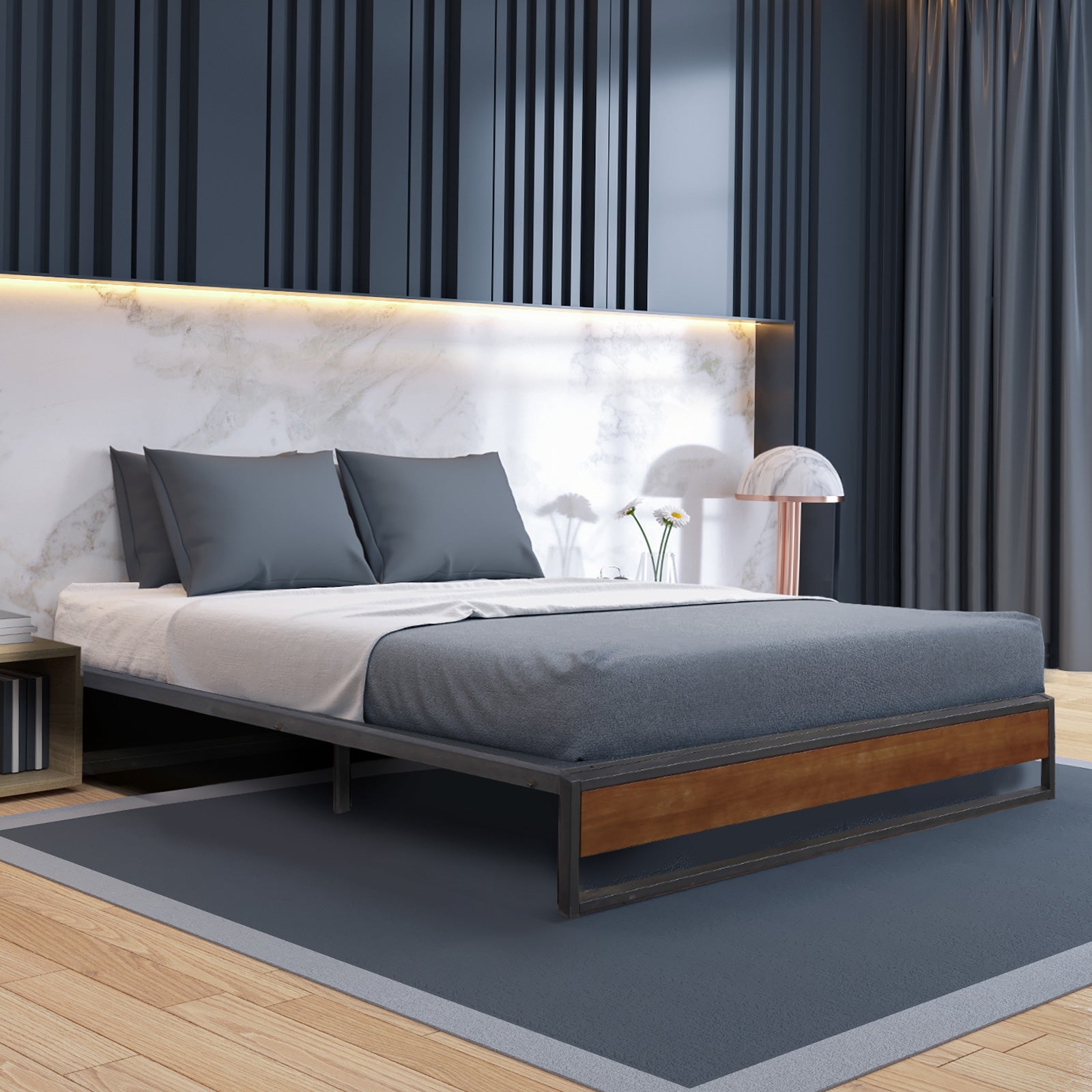 Sorrento Metal and Wood Queen Bed Base - Black & Wood - Home & Garden - Bedzy Australia