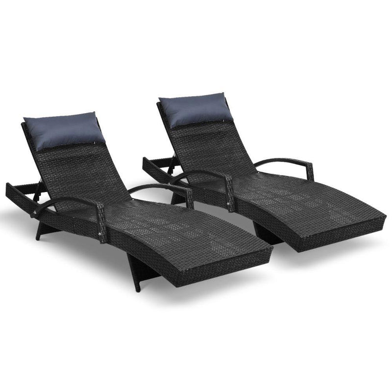 Set of 2 Bianca Outdoor Sun Lounger Chairs with Pillow Headrests - Black - Bedzy Australia