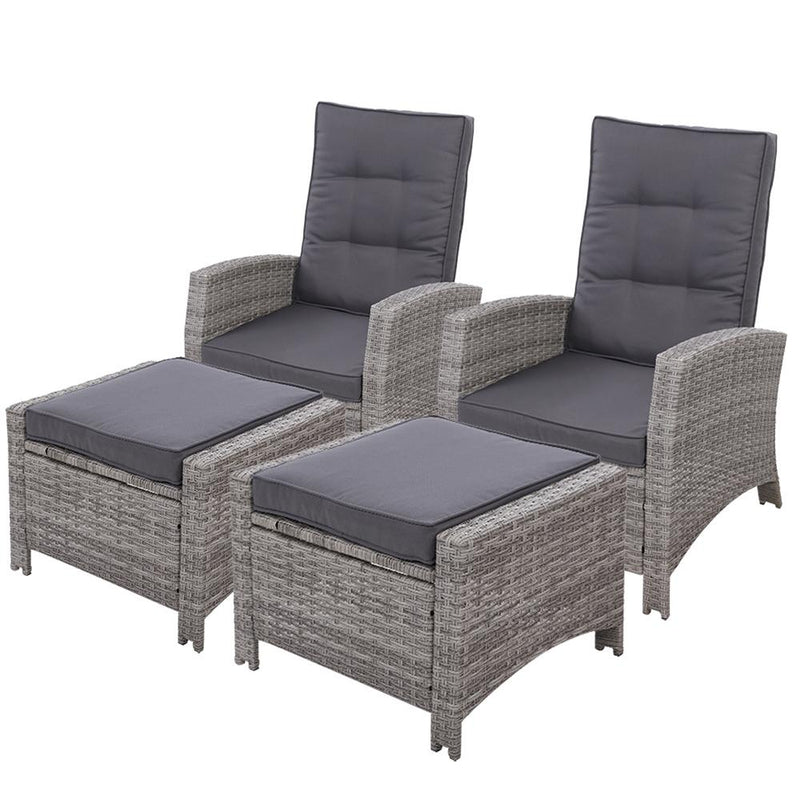 Set of 2 Elise Outdoor Recliner Chairs with Ottomans Grey - Bedzy Australia