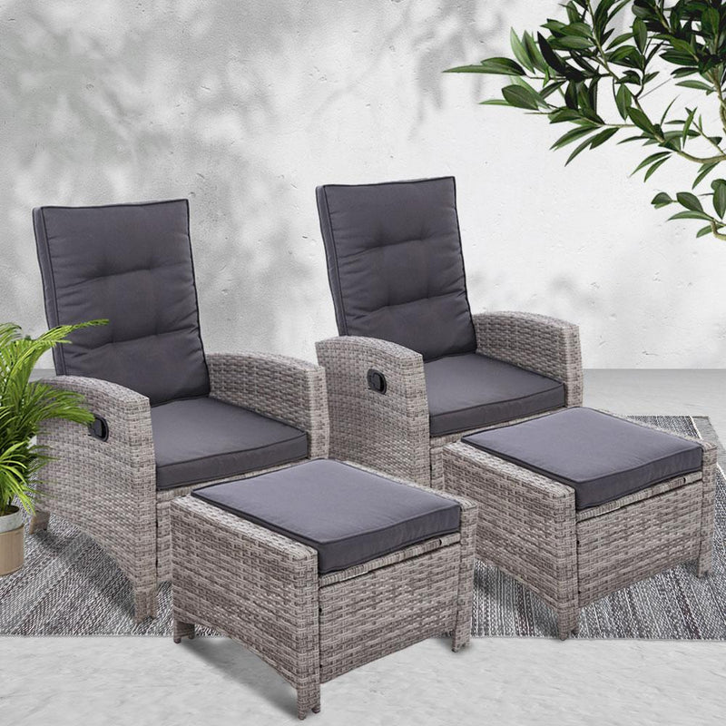 Set of 2 Elise Outdoor Recliner Chairs with Ottomans Grey - Bedzy Australia