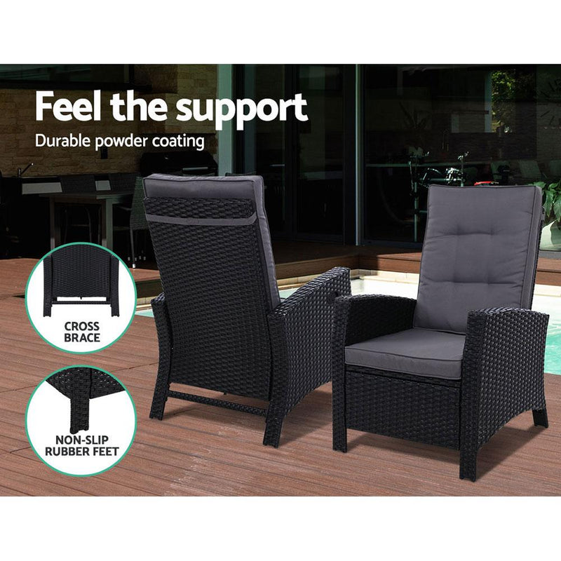 Twin Pack Sun Lounge Wicker Recliner Chairs with Ottomans (Black) - Bedzy Australia - Furniture > Outdoor