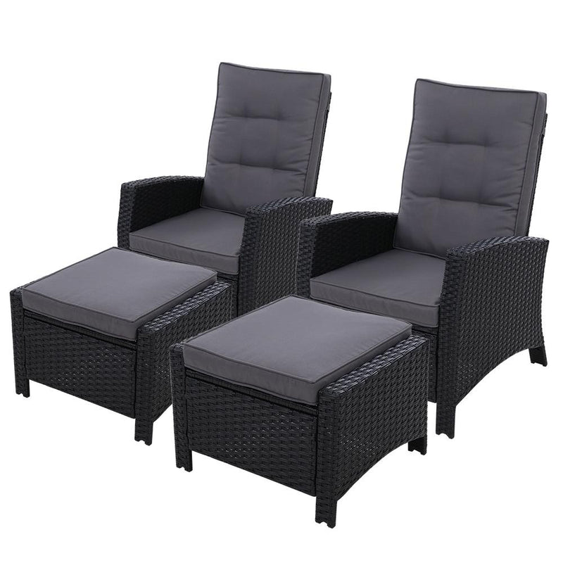 Twin Pack Sun Lounge Wicker Recliner Chairs with Ottomans (Black) - Bedzy Australia - Furniture > Outdoor