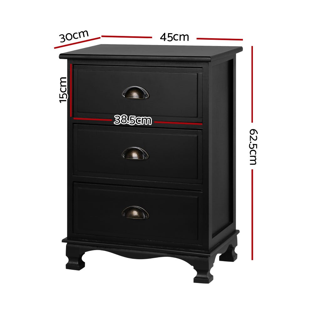 Vintage Bedside Table 3 Drawers Black - Bedzy Australia