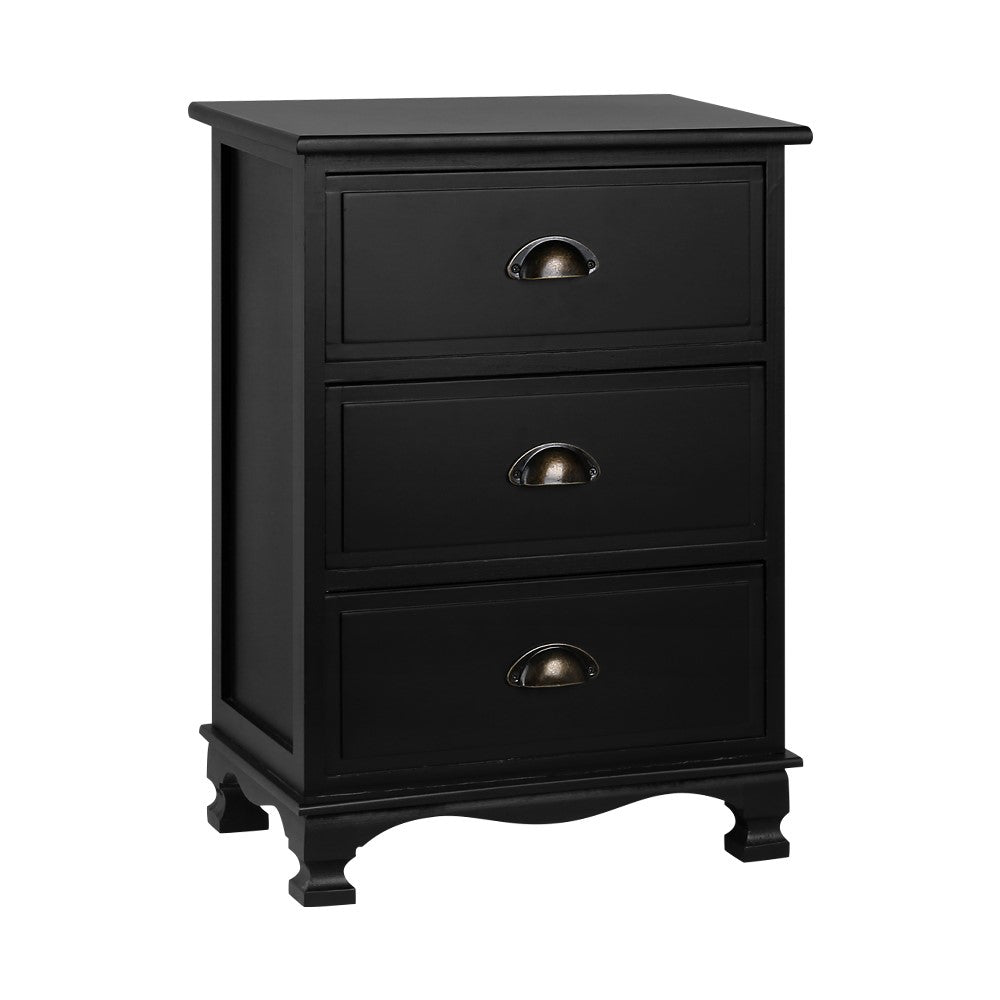Vintage Bedside Table 3 Drawers Black - Bedzy Australia