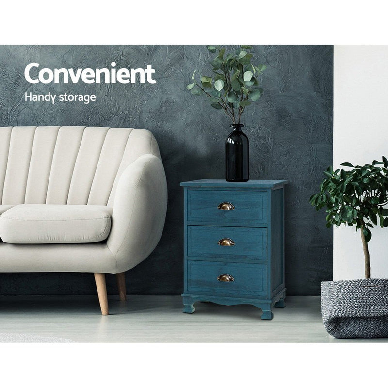 Vintage Bedside Table 3 Drawers Blue - Bedzy Australia (ABN 18 642 972 209) - Furniture > Bedroom