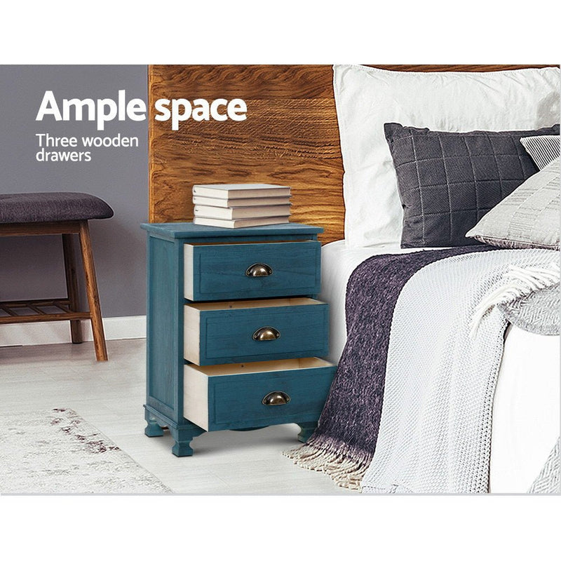 Vintage Bedside Table 3 Drawers Blue - Bedzy Australia (ABN 18 642 972 209) - Furniture > Bedroom