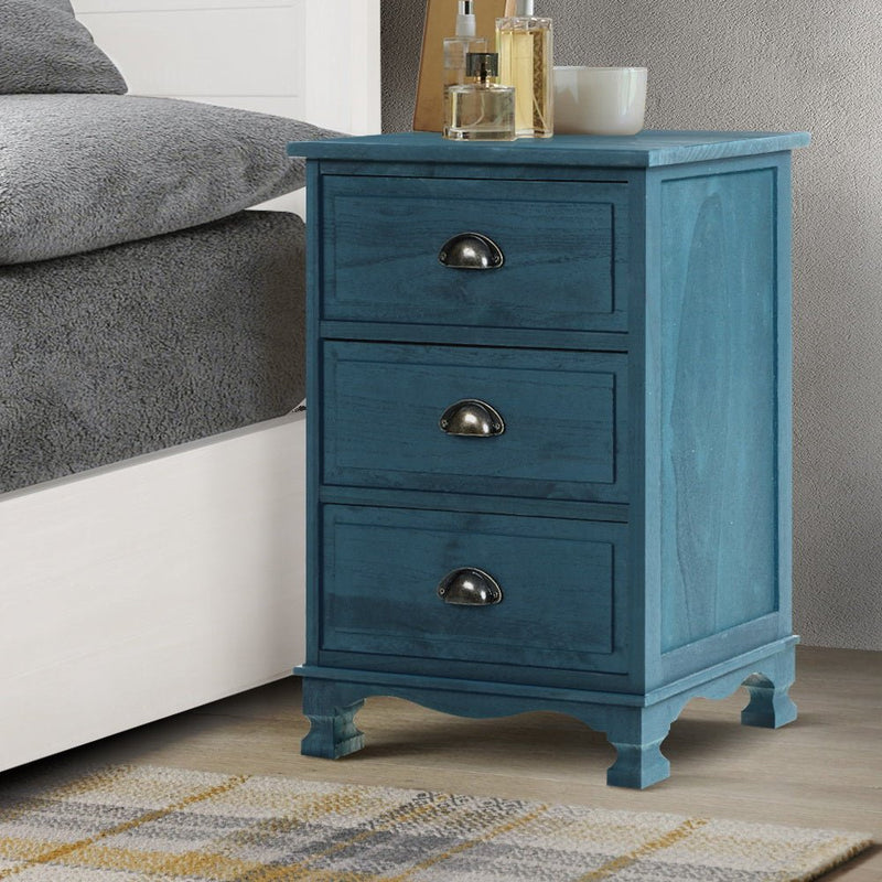 Vintage Bedside Table 3 Drawers Blue - Bedzy Australia