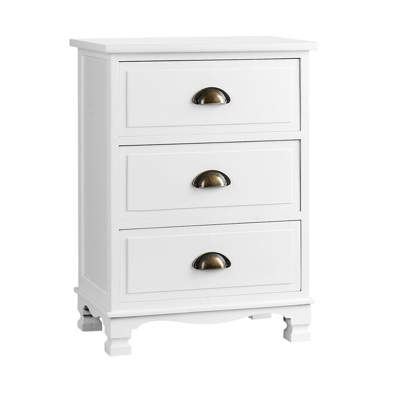 Vintage Bedside Table 3 Drawers White - Bedzy Australia (ABN 18 642 972 209) - Cheap affordable bedroom furniture shop near me Australia