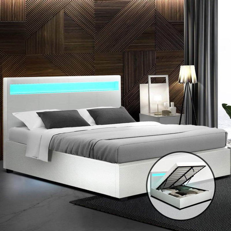 Wanda LED Storage Double Bed Frame White - Bedzy Australia