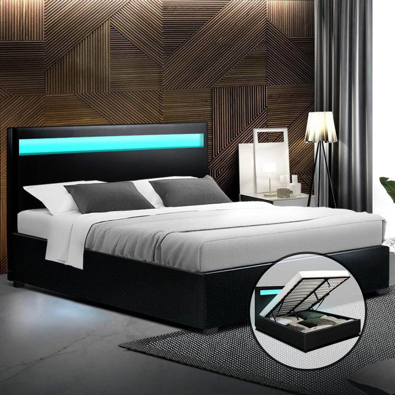 Wanda LED Storage Queen Bed Frame Black - Bedzy Australia - Furniture > Bedroom