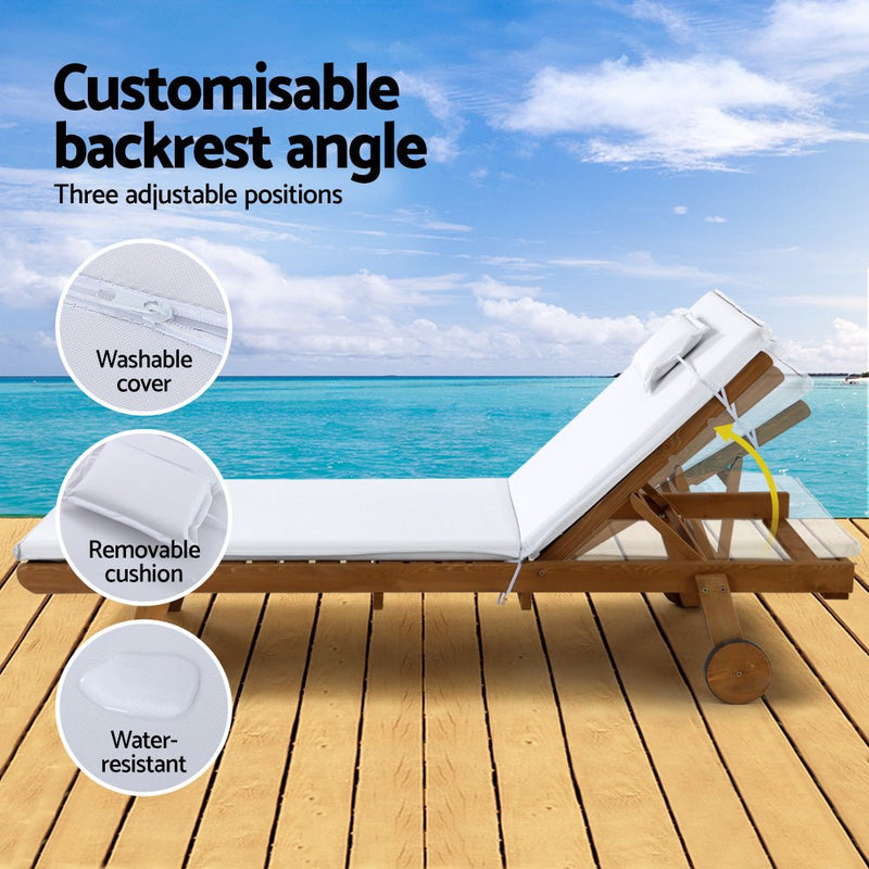 Wooden Sun Lounger Wheel Patio White - Furniture > Outdoor - Bedzy Australia